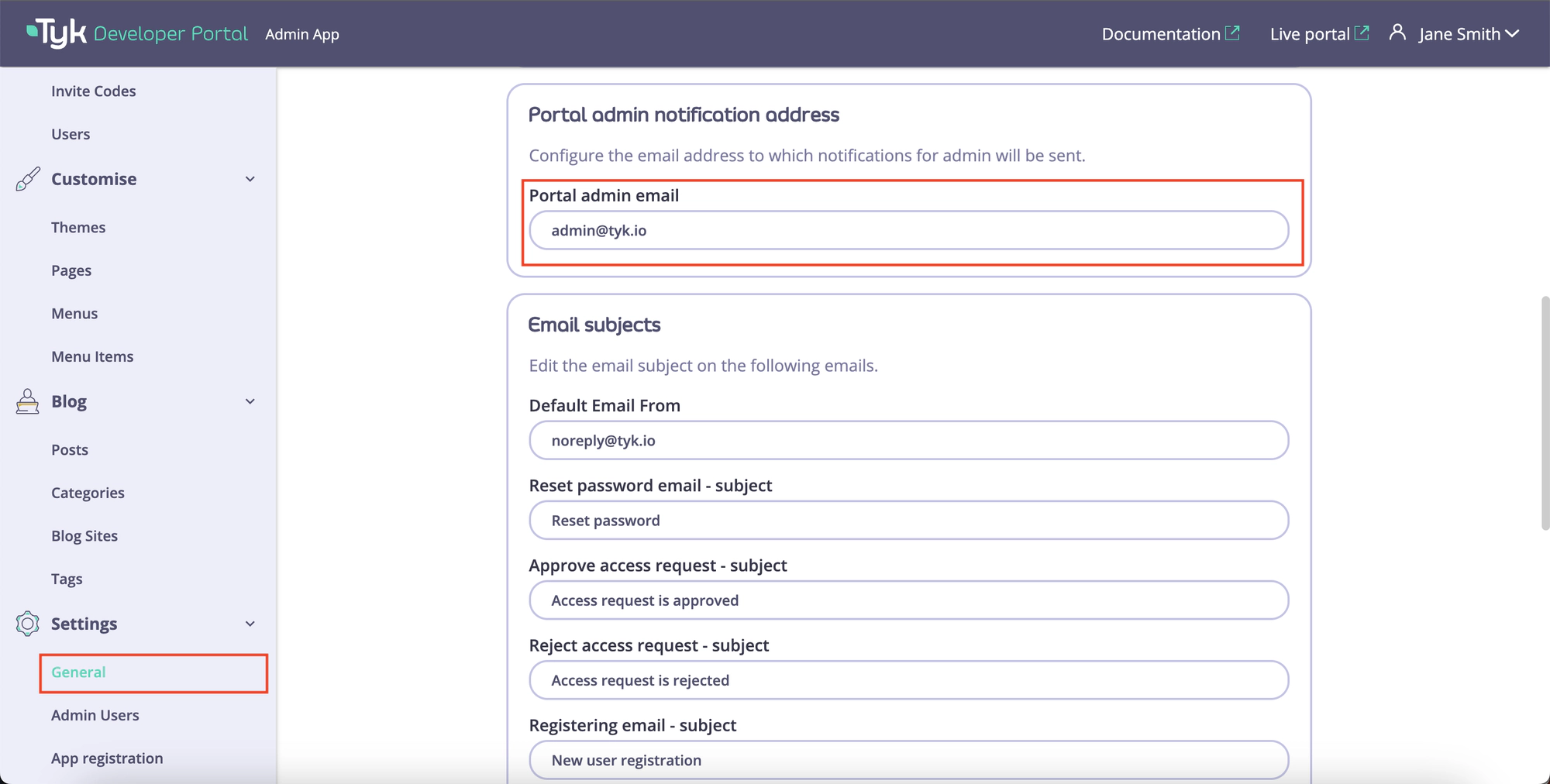 Portal admin notification address settings