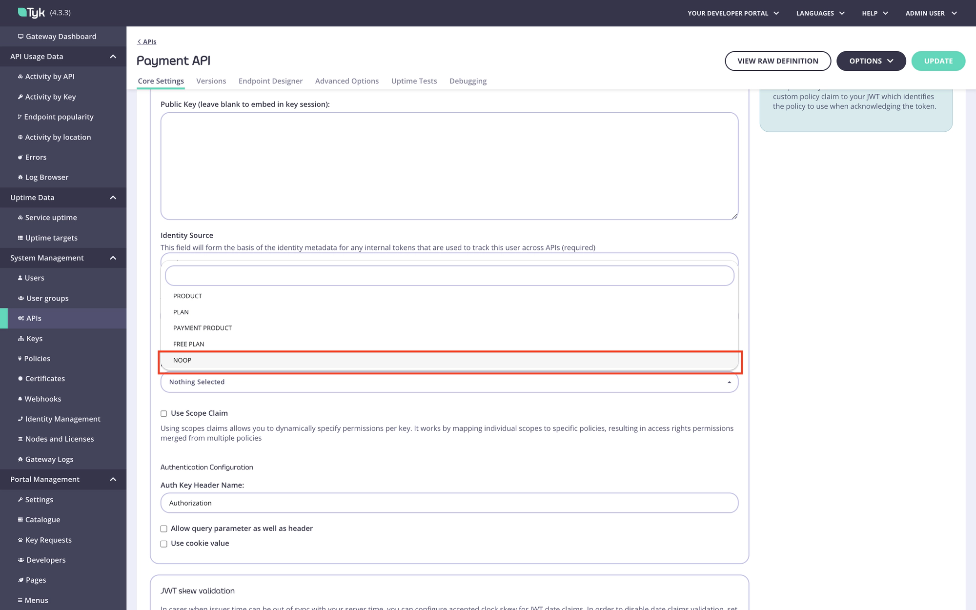 Select the default policy for the API