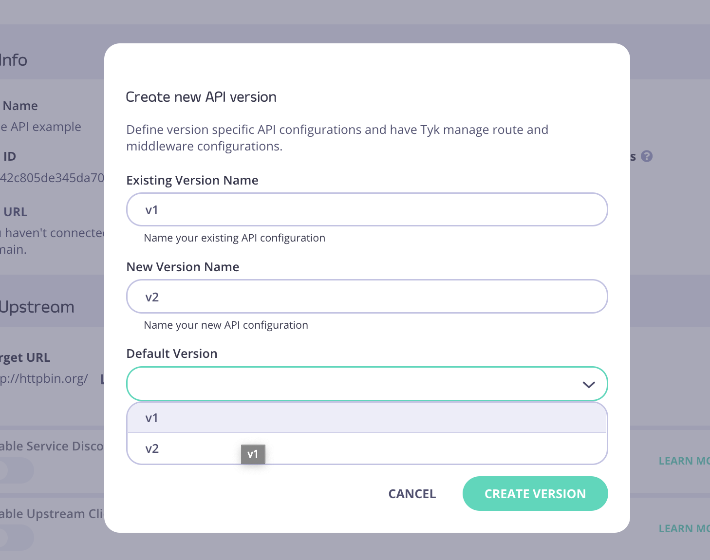 OAS Versioning settings dialog