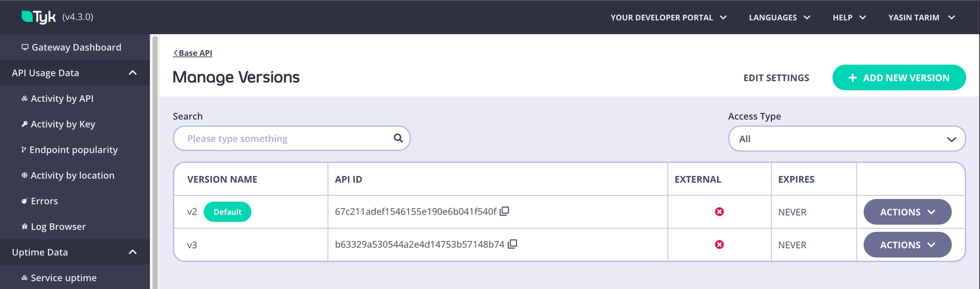 Manage Versions page