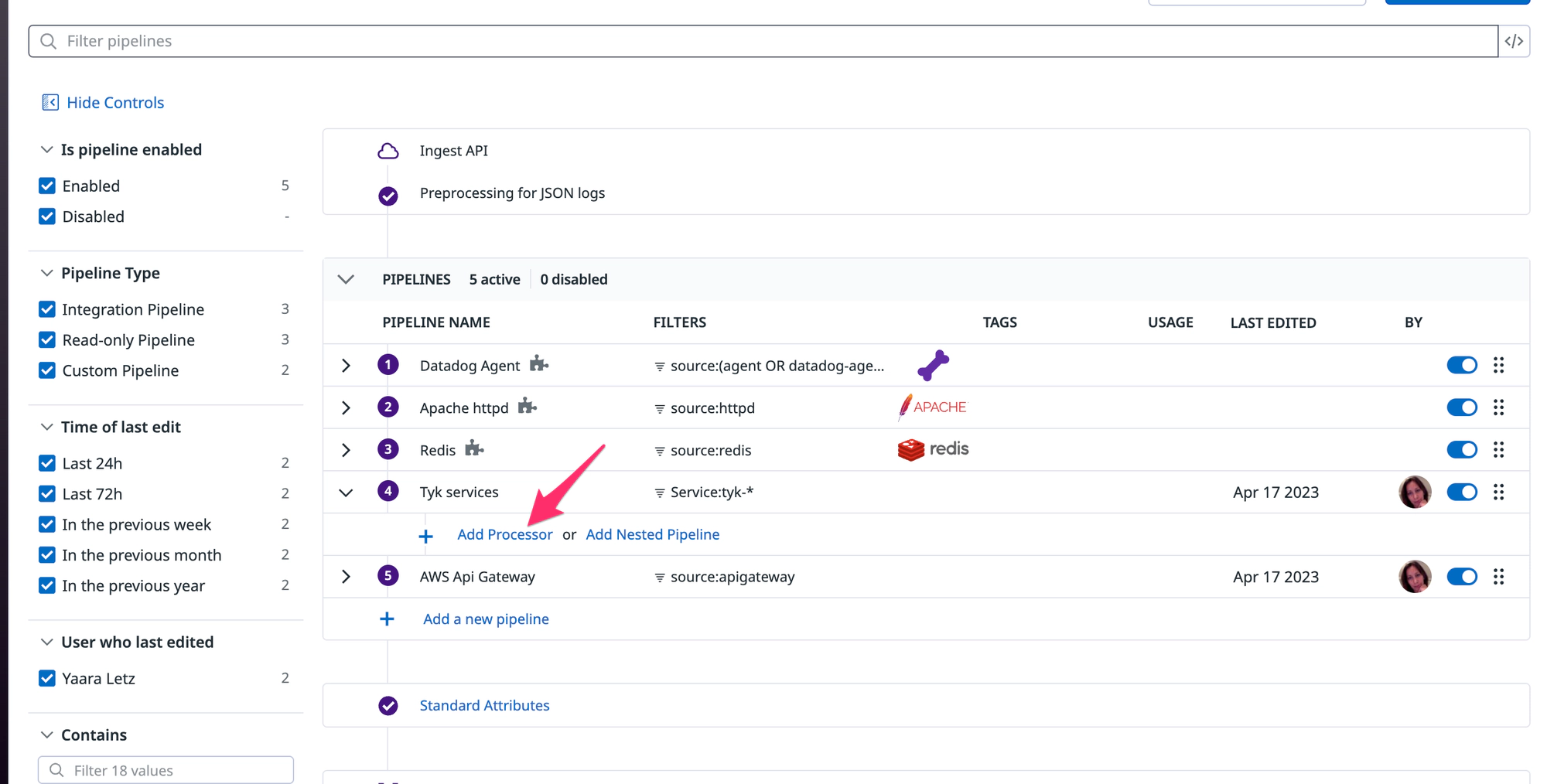 Create Datadog Logs Pipeline to process Tyk services' logs