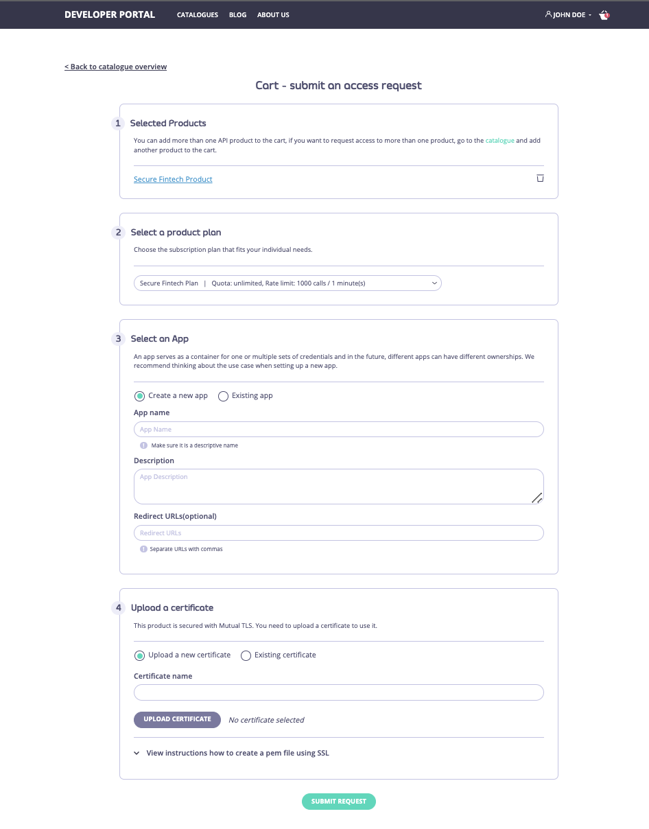 Mutual TLS auth API Product in the checkout flow