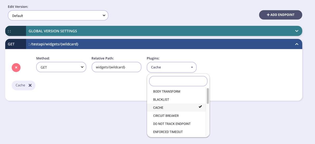 Dropdown list showing Cache plugin