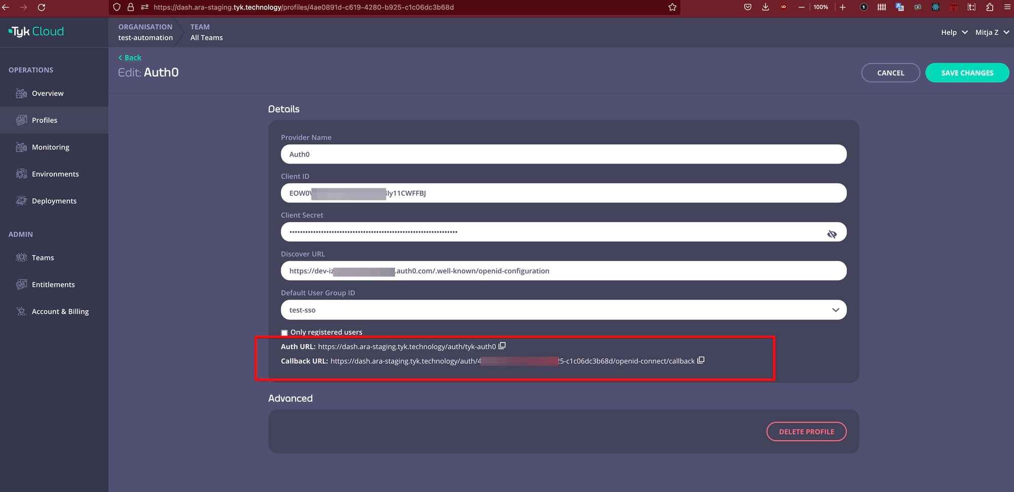 Tyk Cloud SSO example of filled form