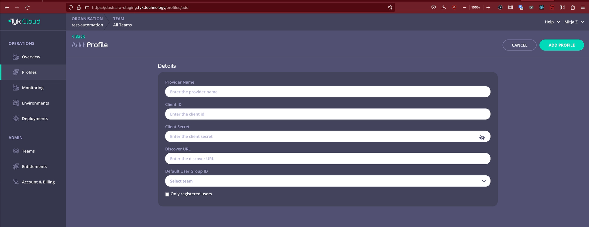 Tyk Cloud SSO add profile form