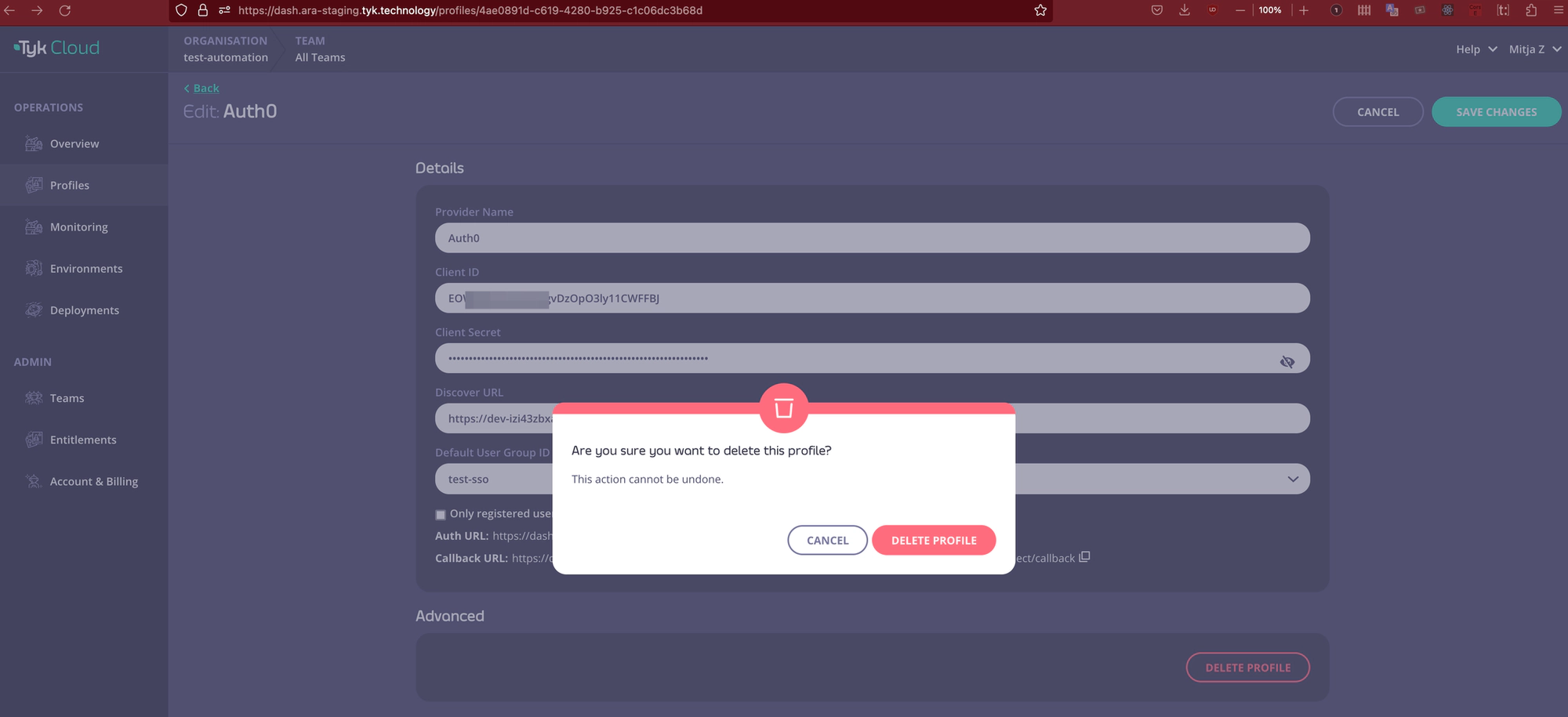 Tyk Cloud SSO delete confirm