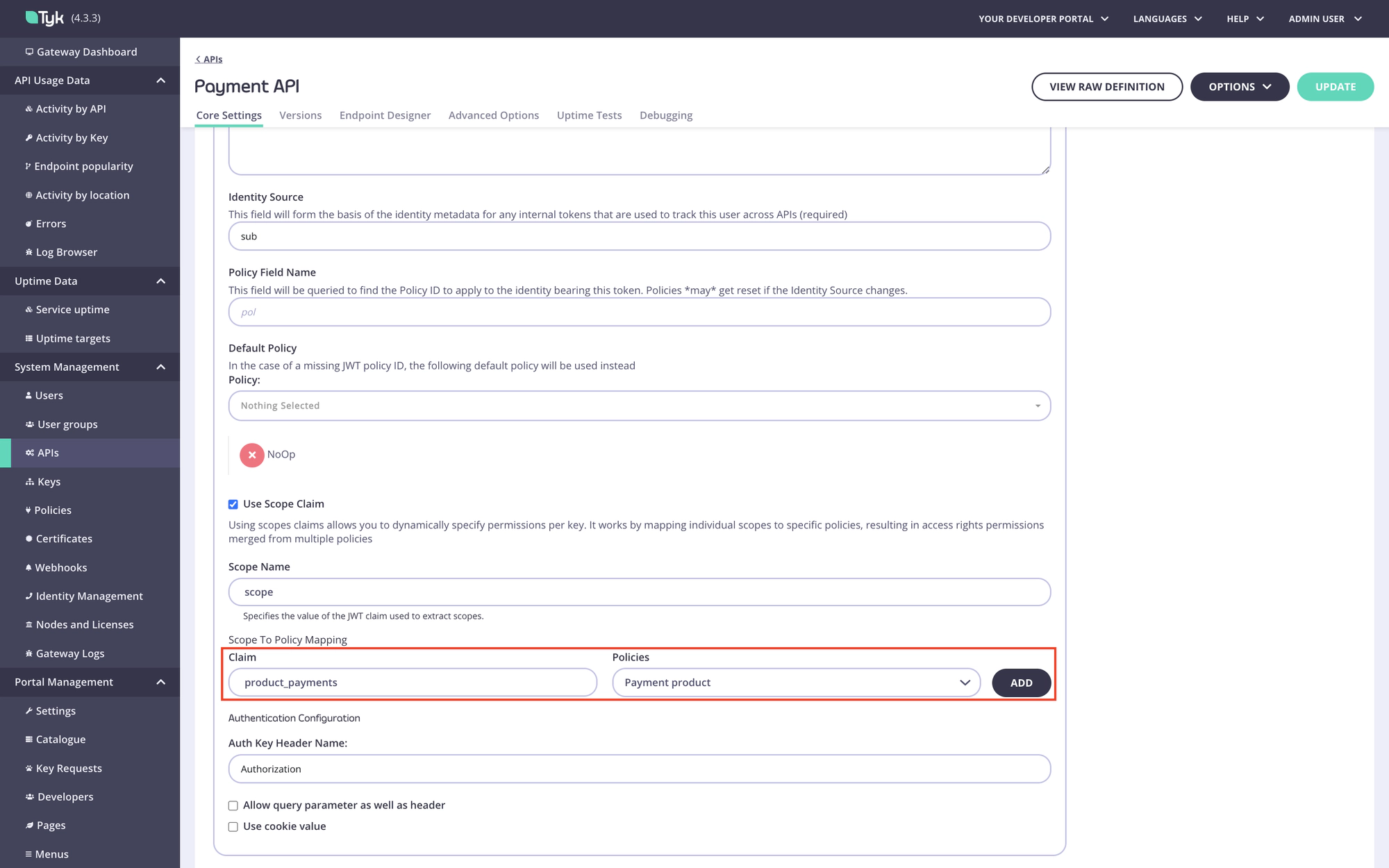 Add scope to policy mapping for the product scope