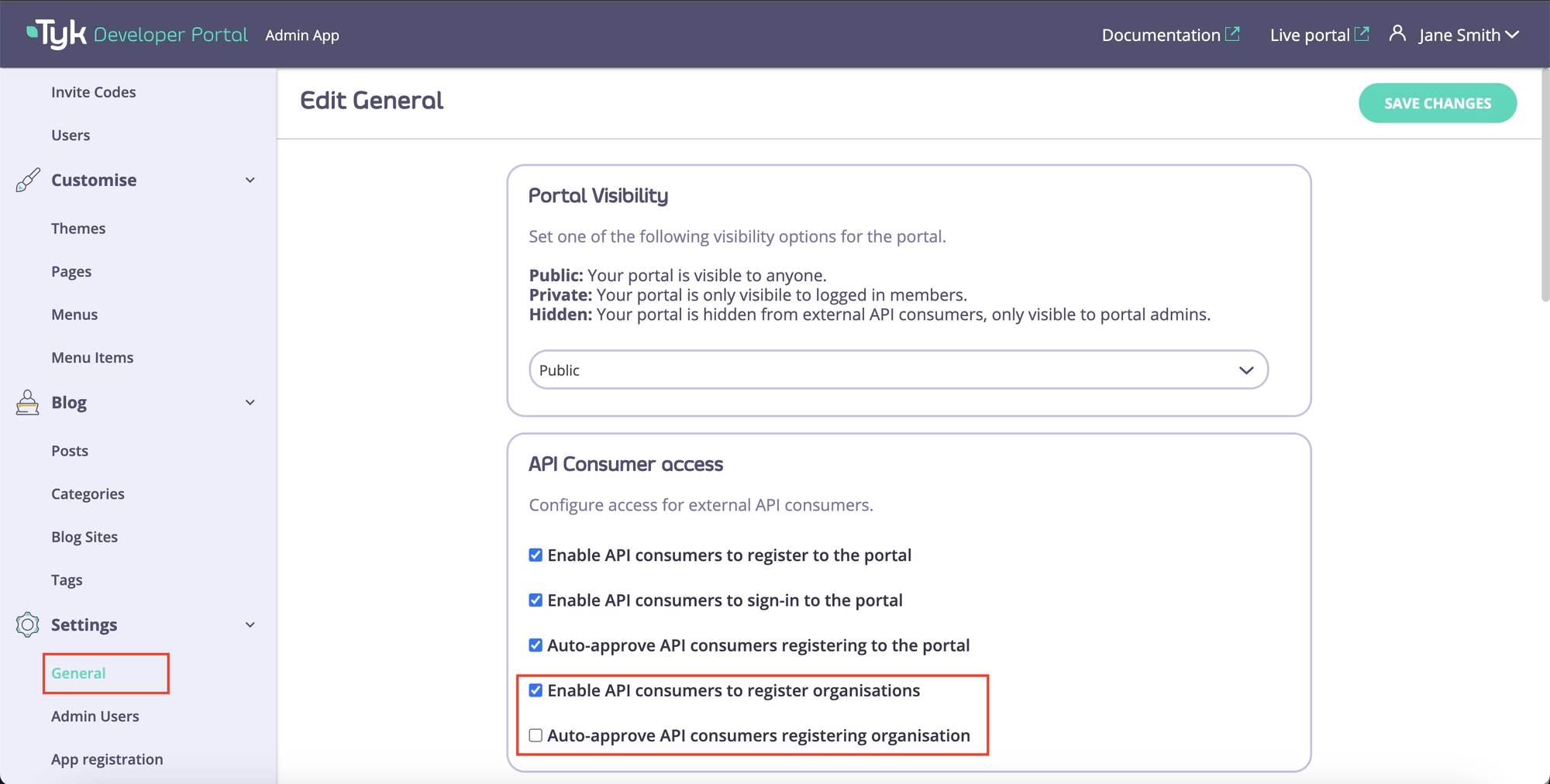 Organisation registration settings