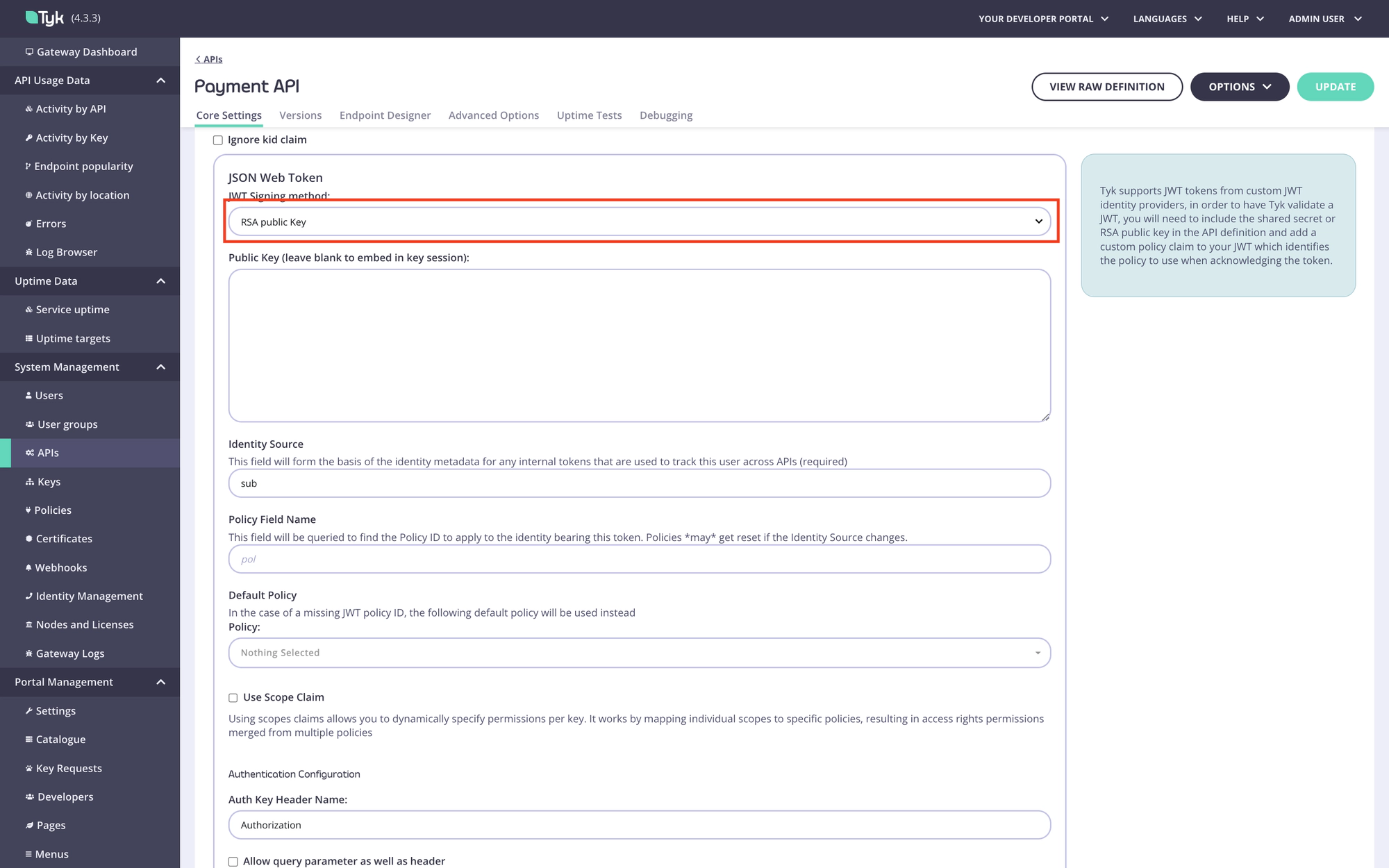 Select signing method for the API