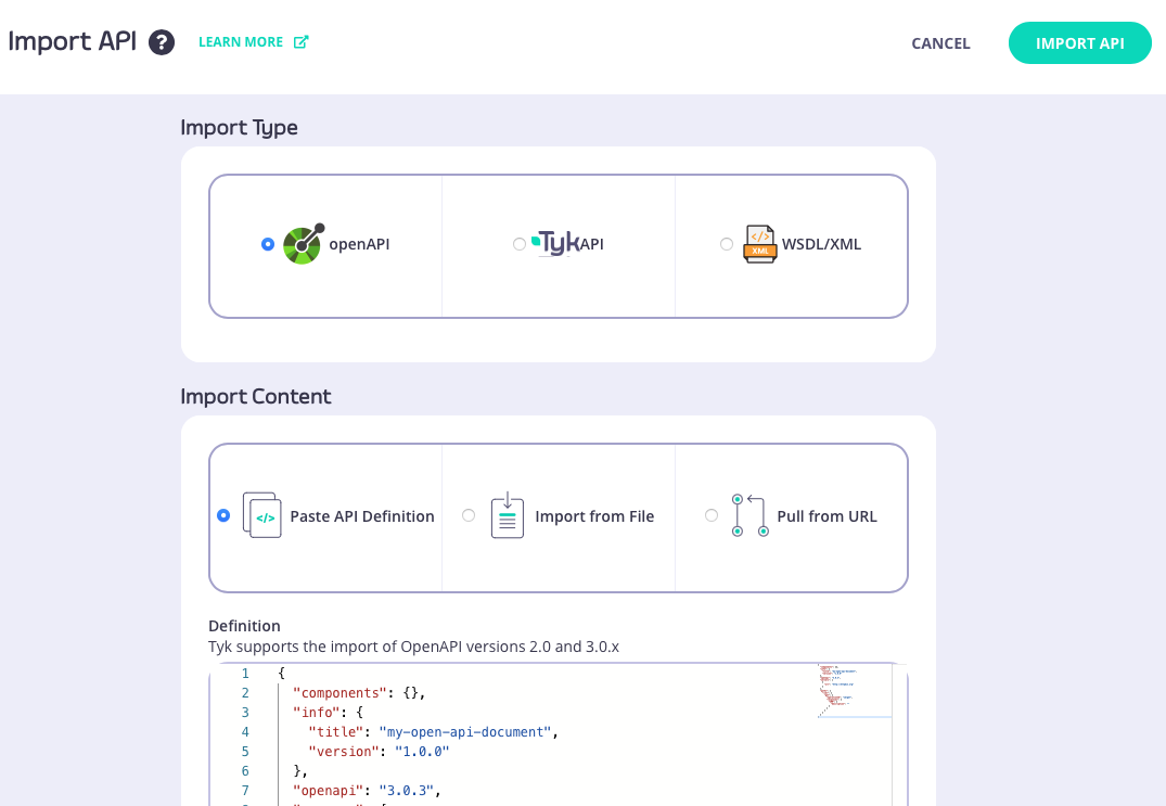 Options when importing an OpenAPI description