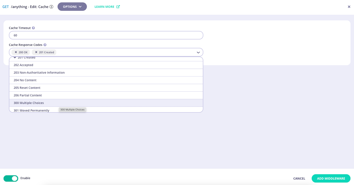 Configuring the endpoint cache middleware for a Tyk OAS API