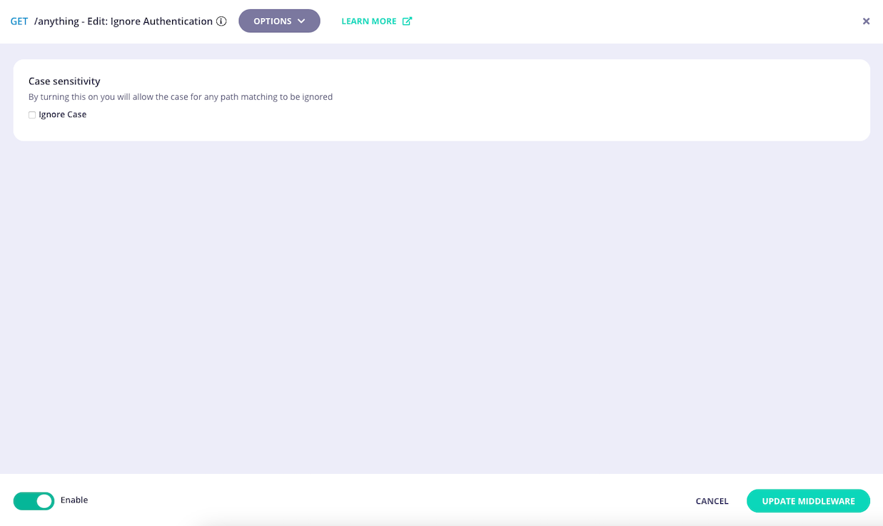 Configuring case sensitivity for the path for which to ignore authentication