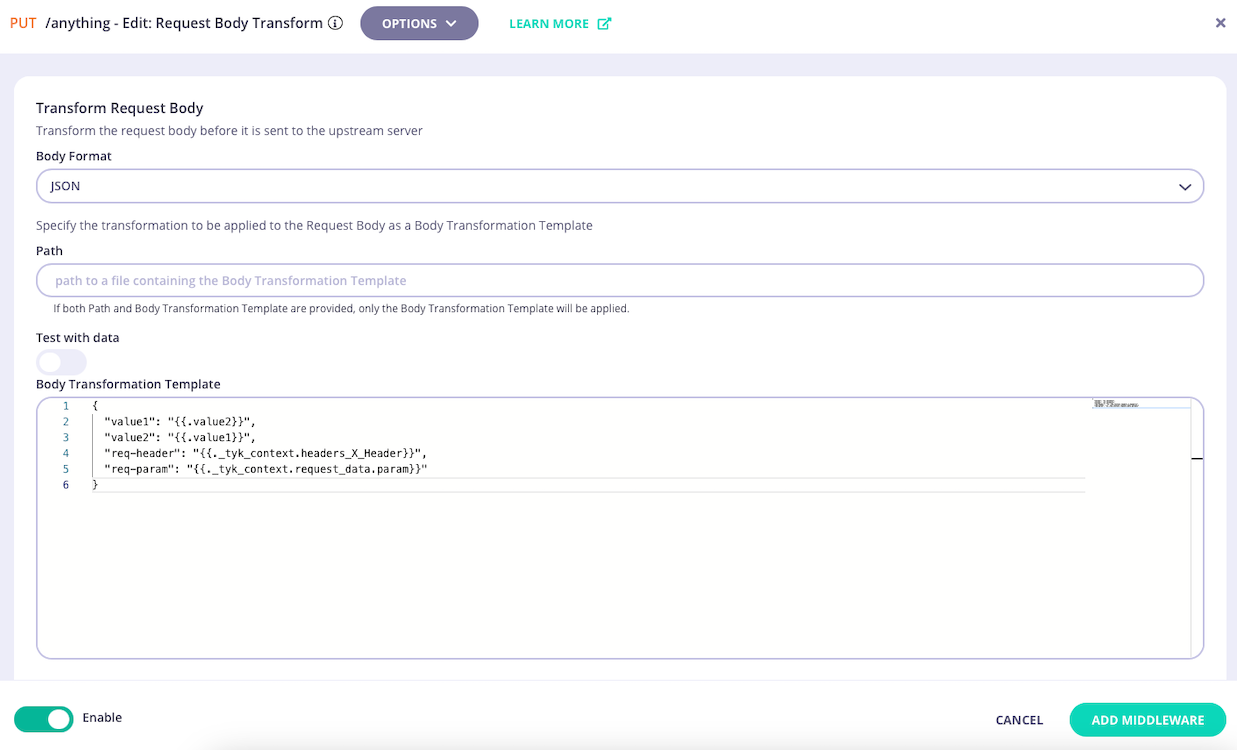 Configuring the Request Body Transform middleware