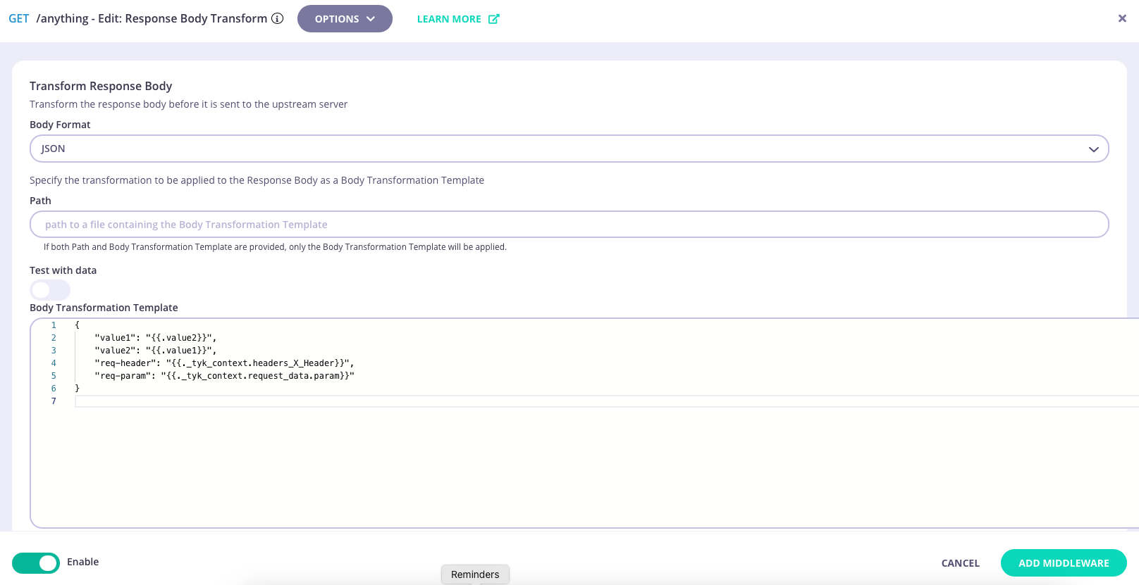 Configuring the Response Body Transform middleware