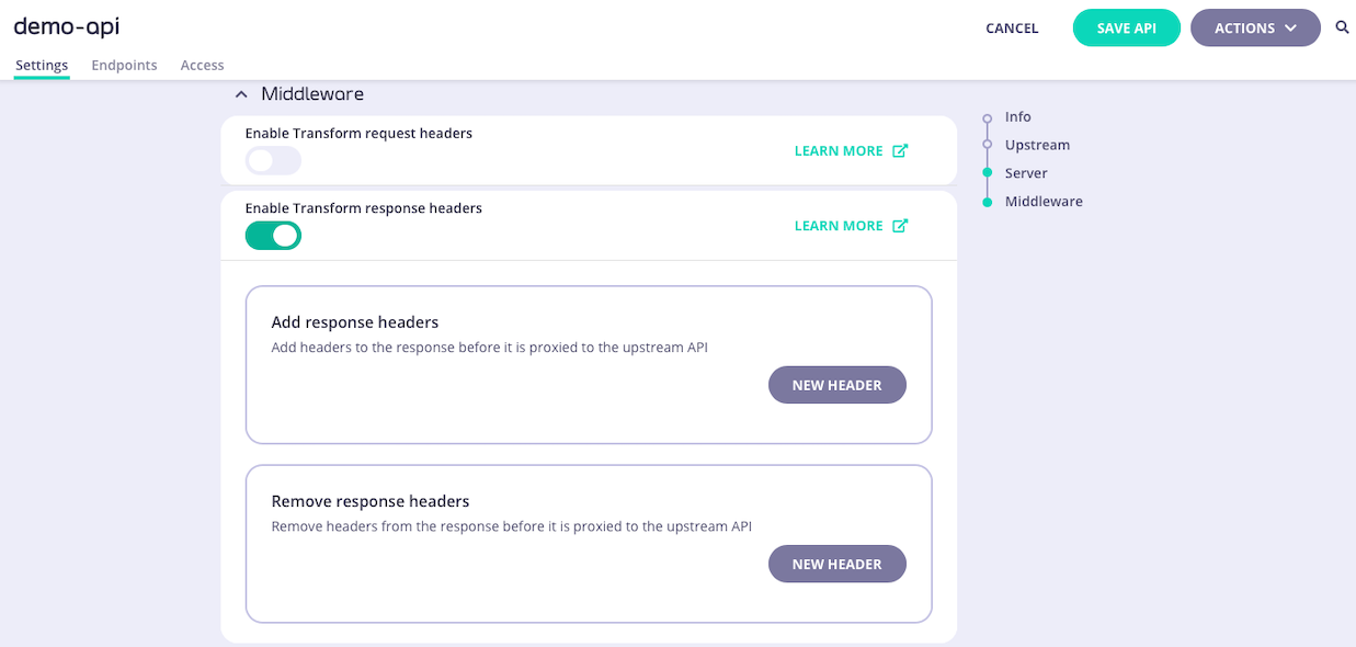 Tyk OAS API Designer showing API-level Response Header Transform