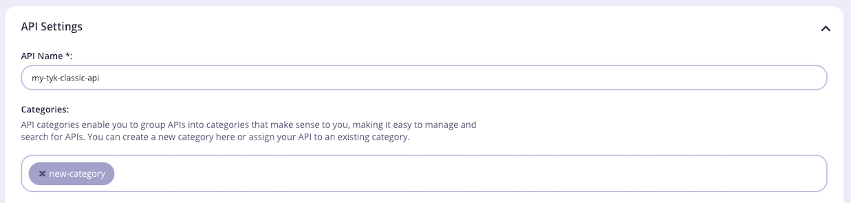 Managing categories for a Tyk Classic API