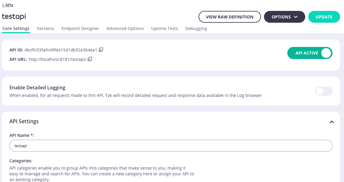 The Tyk Classic Endpoint Designer - Core Settings tab