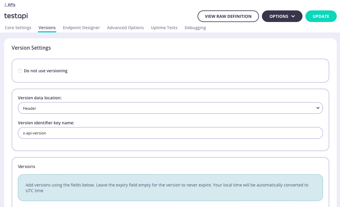 The Tyk Classic Endpoint Designer - Versions tab