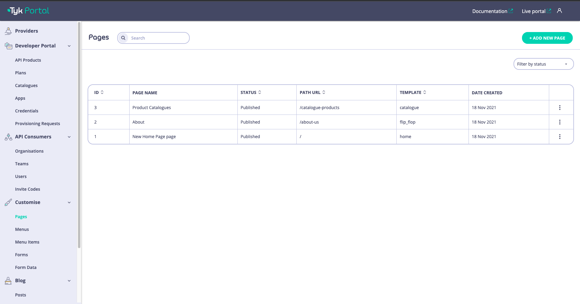 The pages section within the Tyk Enterprise Portal app