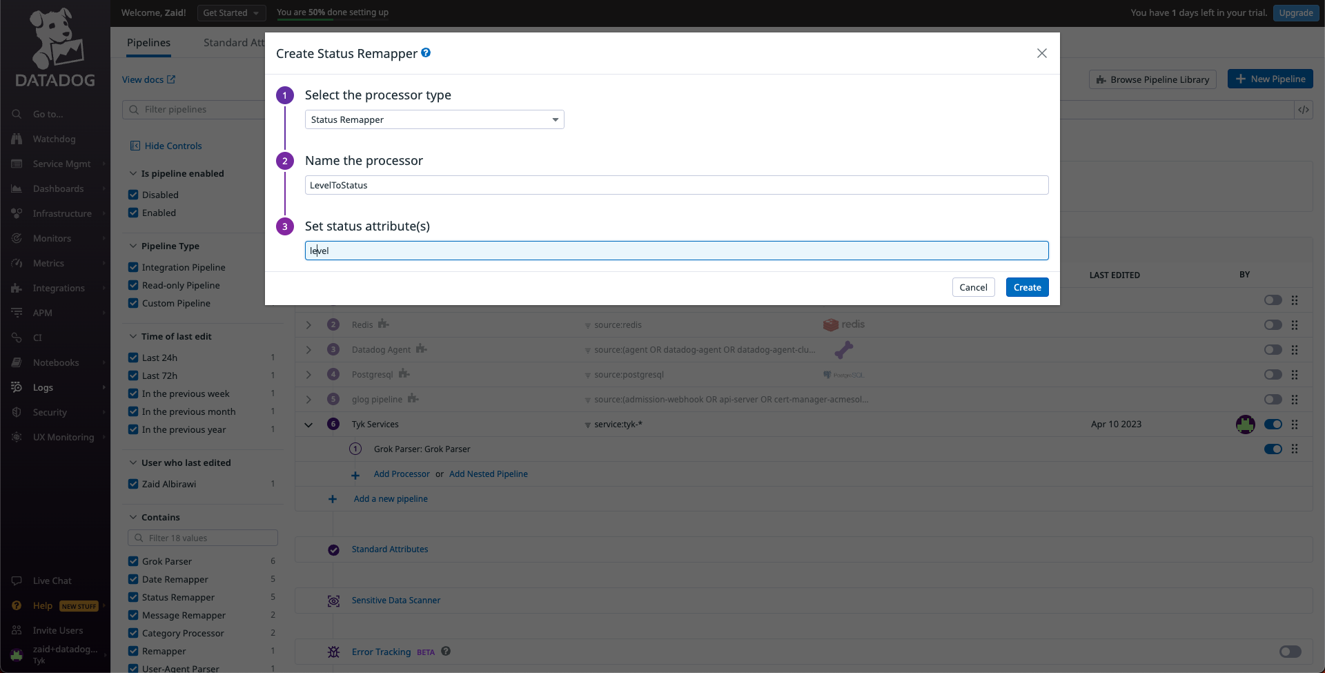 Create pipeline processor to remap the status of the log to level attribute value