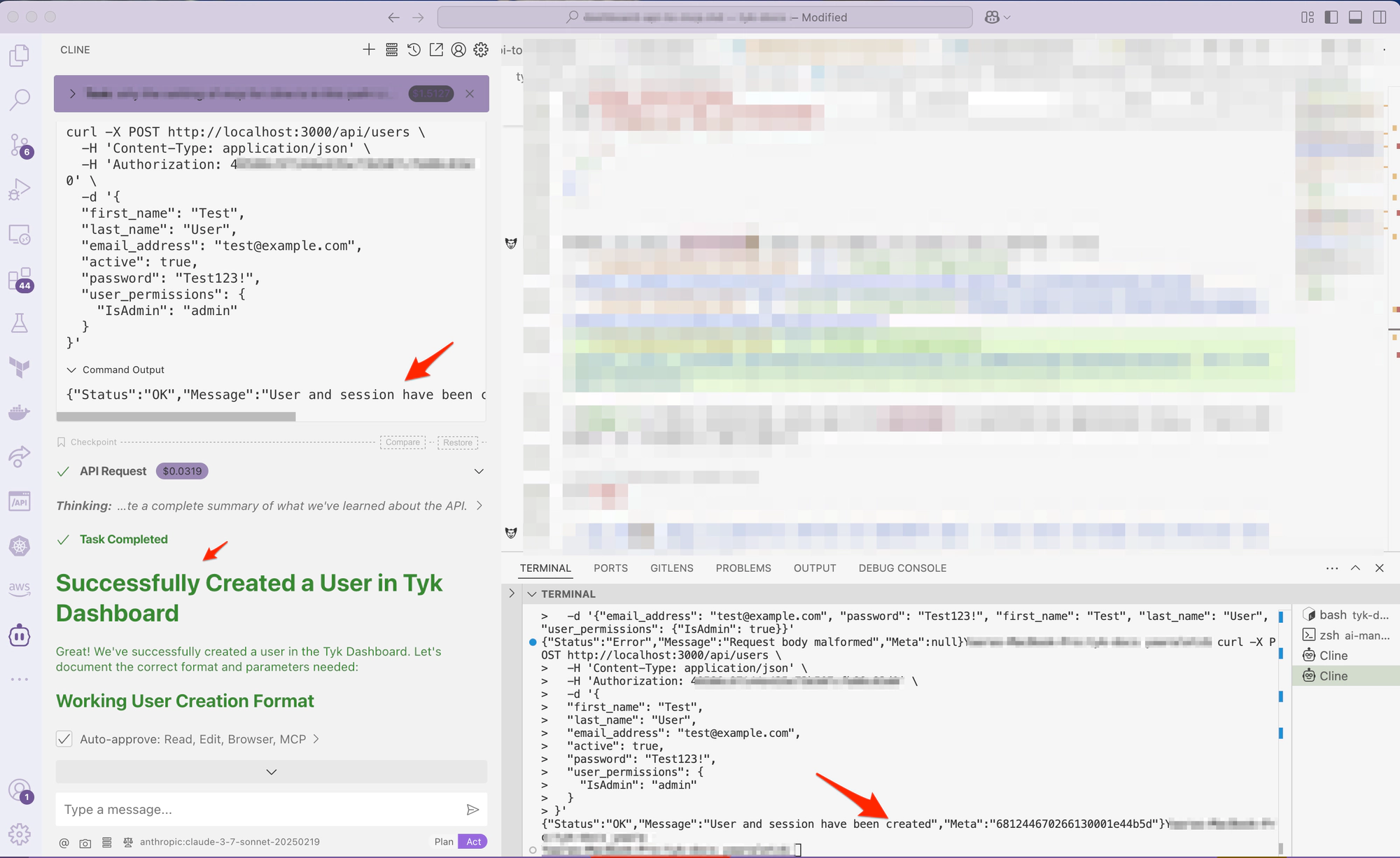 Screenshot of the response to request of AI to create a new user