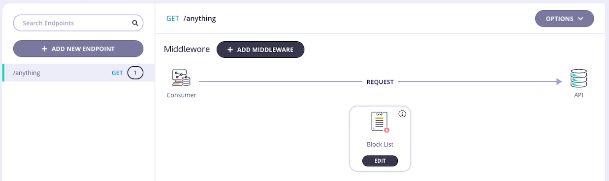 Block List middleware added to endpoint - click through to edit the config