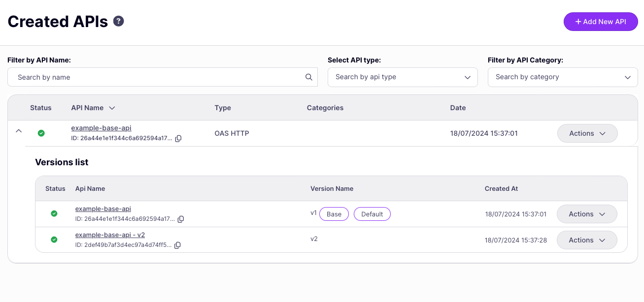 Versioned API shows in the Created APIs list