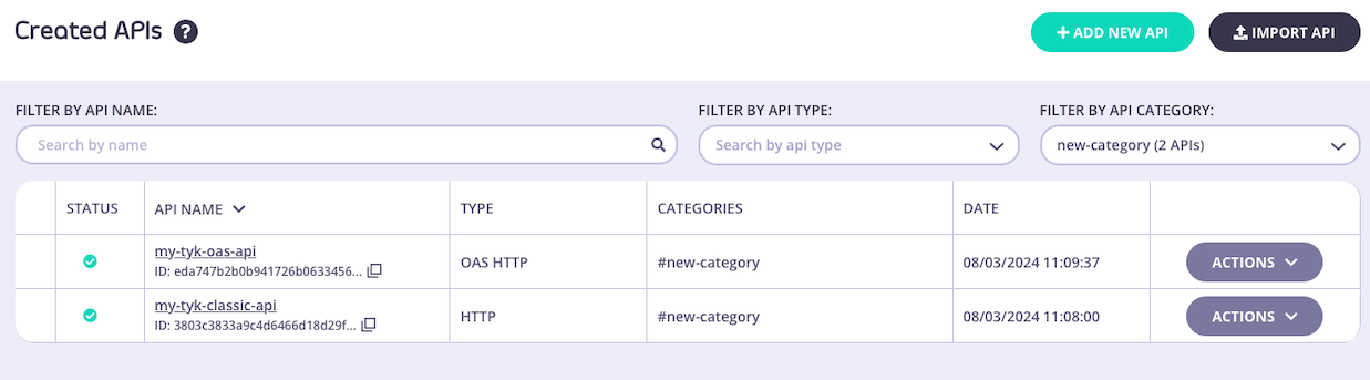 View APIs in a category