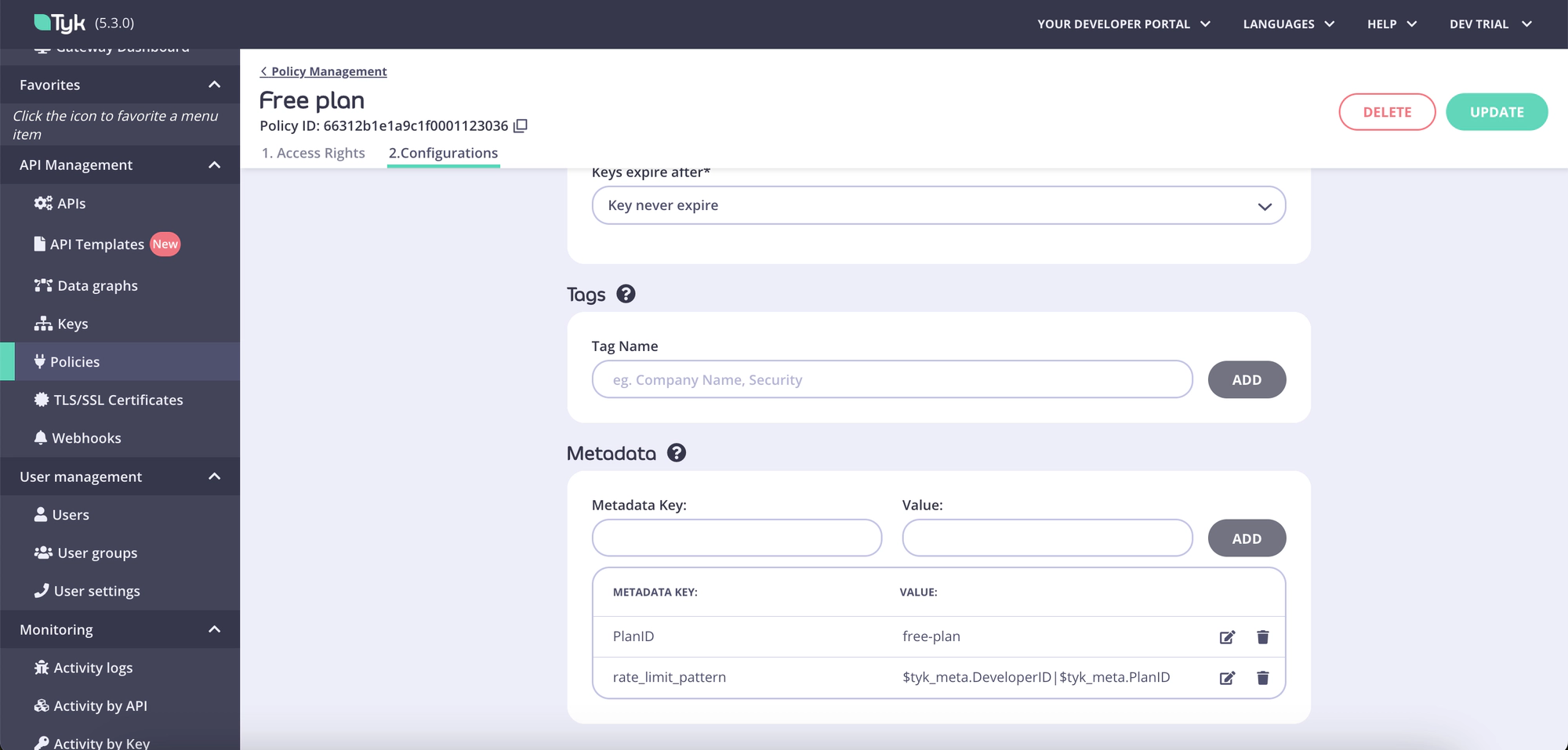 Configuring custom rate limit keys