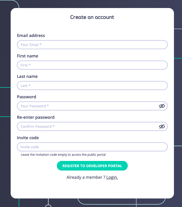 Form to create a developer portal account