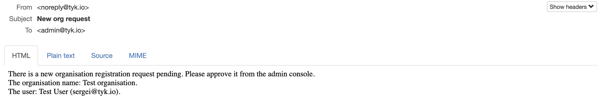 New organization registration request notification