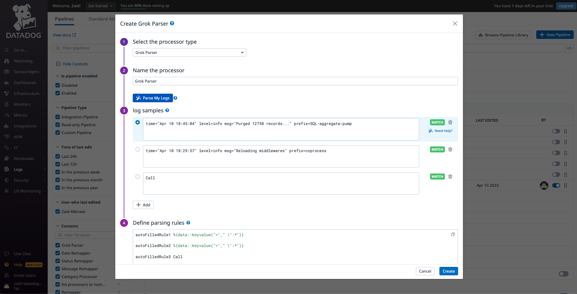 Create pipeline processor to parse grok statements