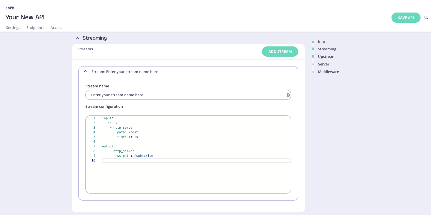 Screenshot of Tyk Dashboard configuring API Streams