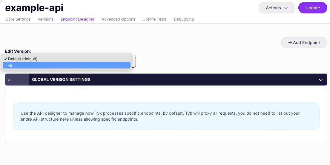 Choosing the API version for which to configure endpoint middleware