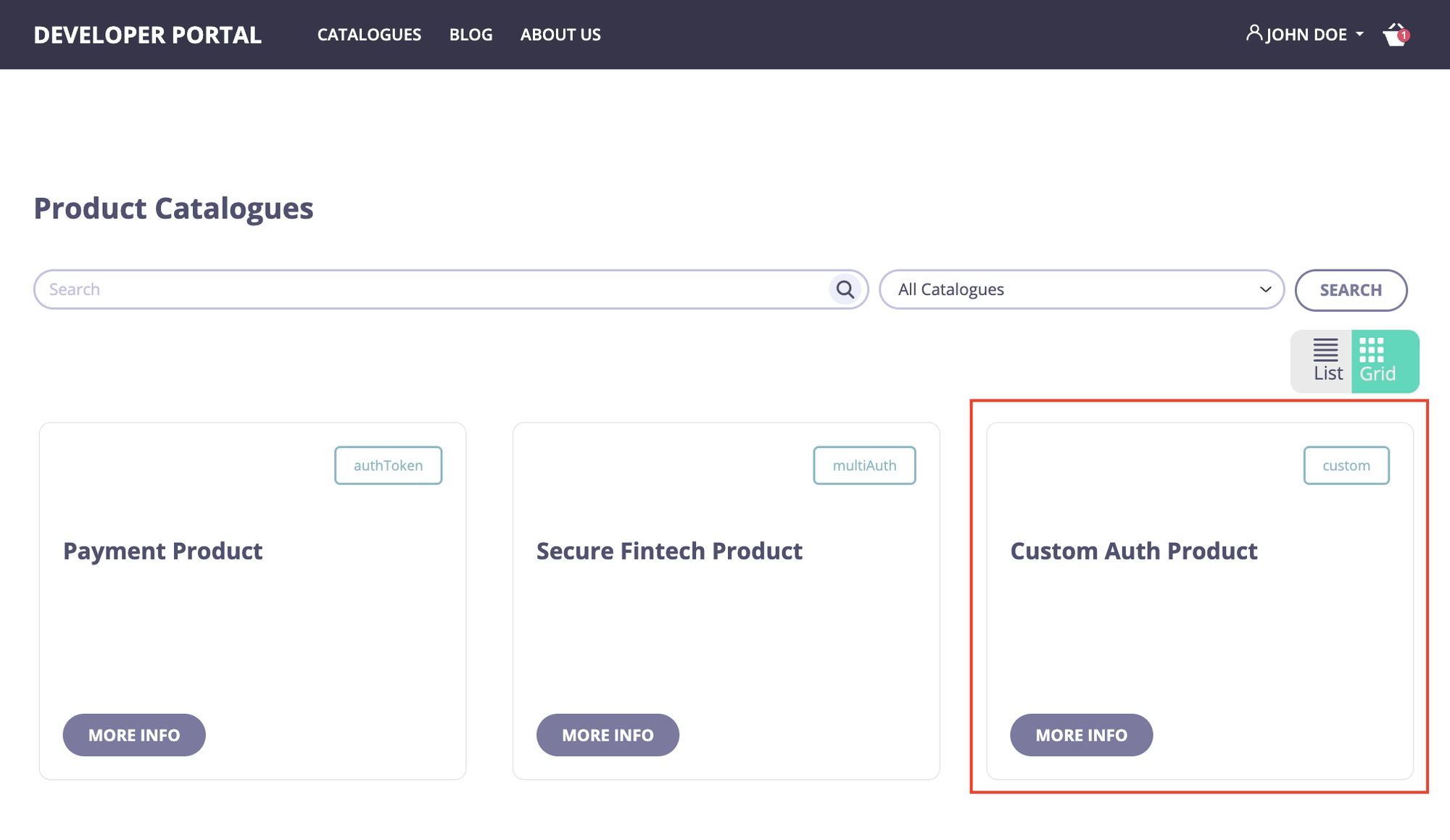 Custom auth API Product is published in the portal