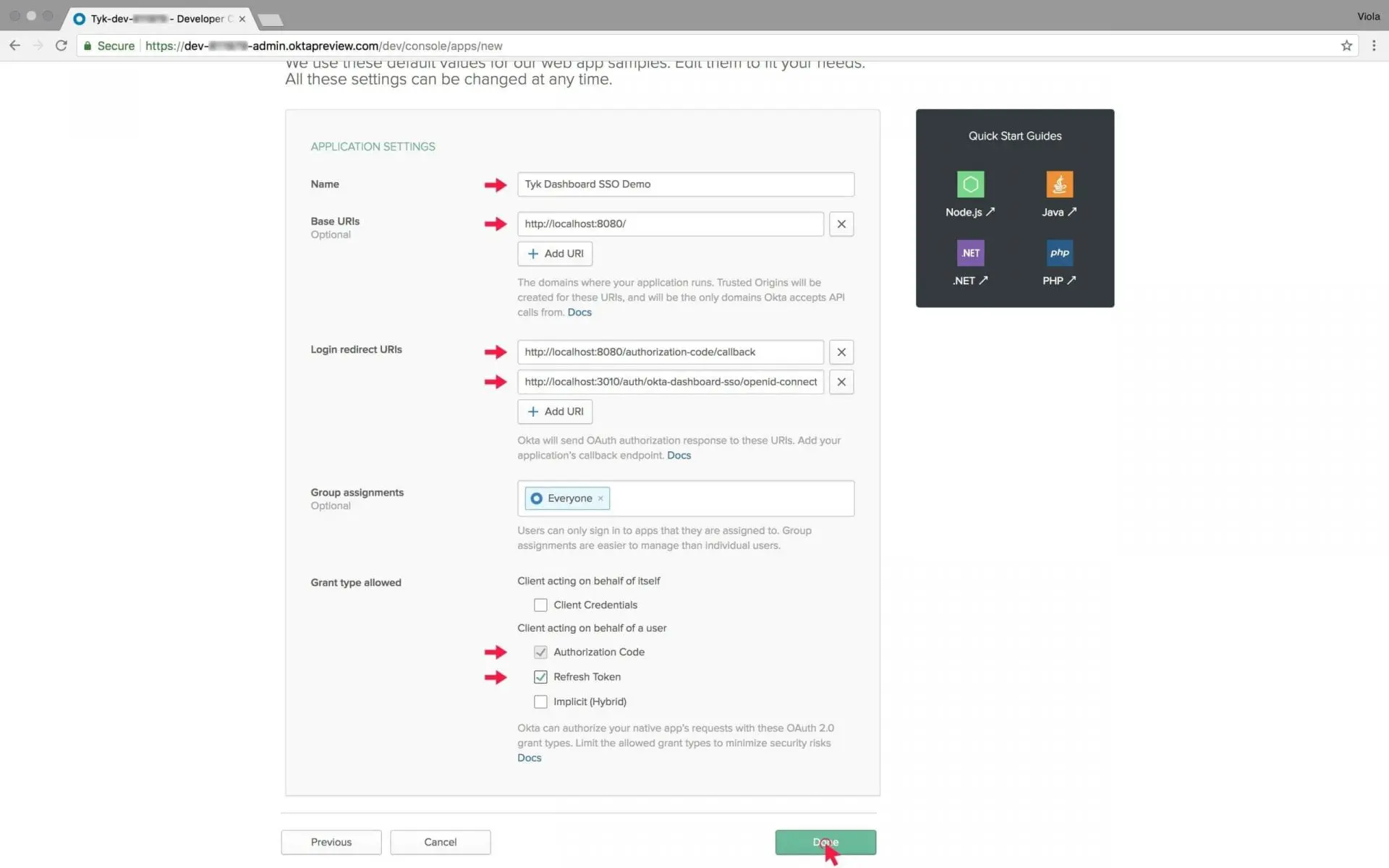 Tick “Authorization Code” and “Refresh Token”. And an Okta dashboard example.