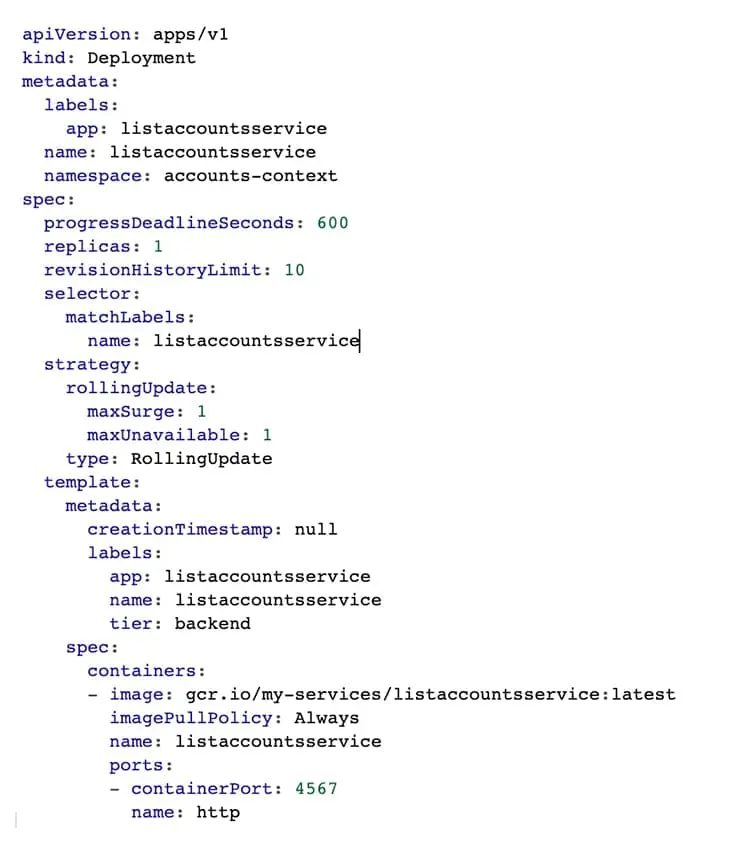 Kubernetes deployment object for an account list service