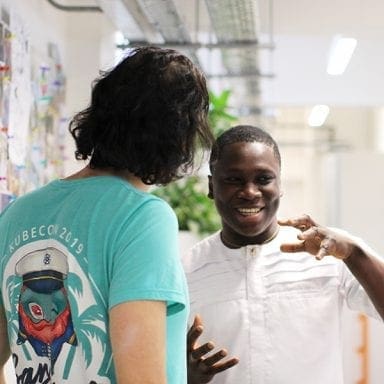 Two colleagues talking in the office