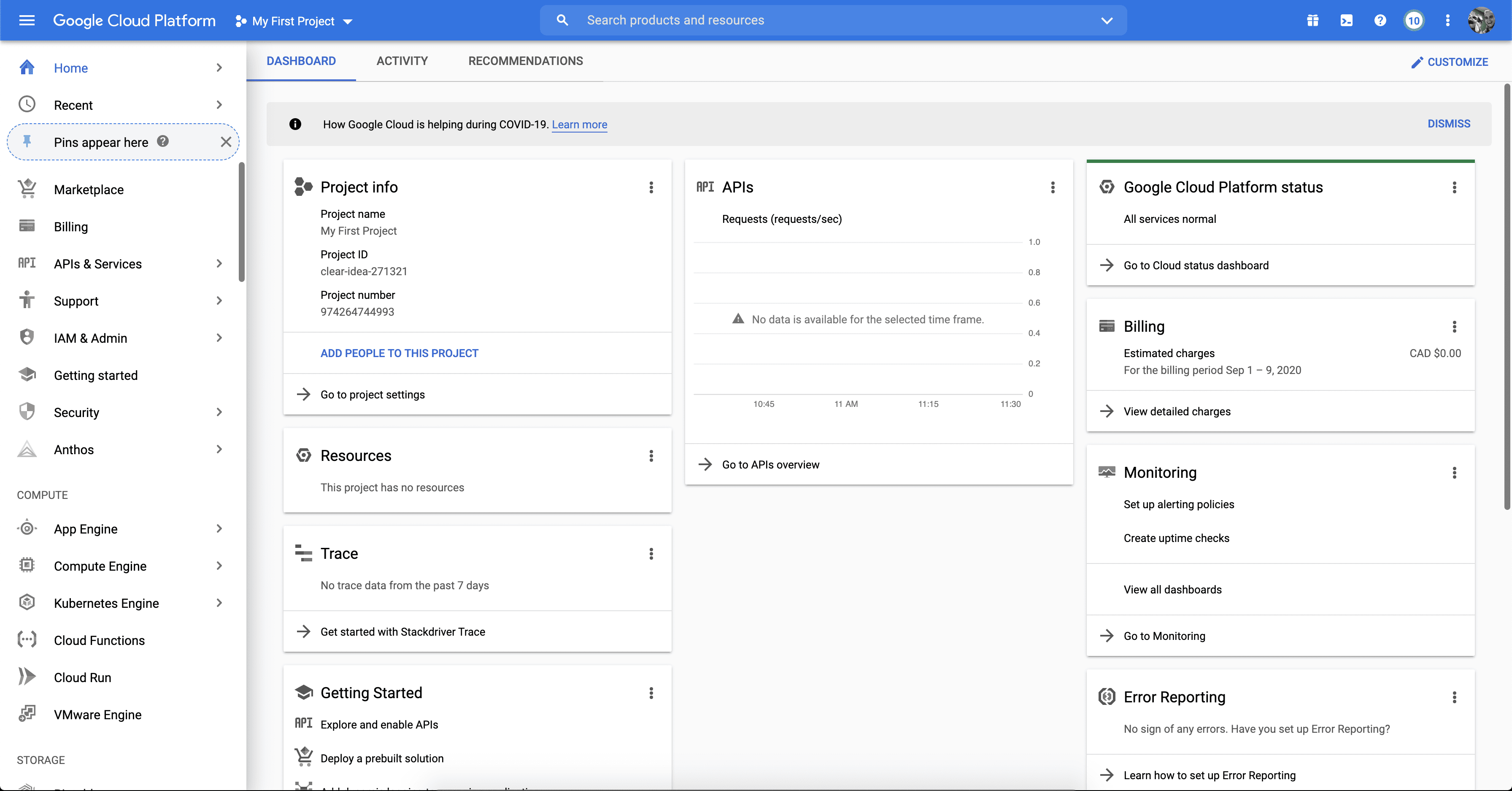Cloud Google Platform (gcp api gateway) dashboard. 