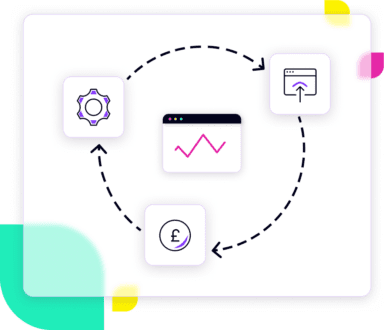 An illustration of Tyk's API gateway and API lifecycle, featuring a configuration gear, analytics browser window, British pound symbol, and an upward growth arrow, connected in a seamless loop on a purple background with decorative elements.